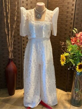 Filipiniana White Floral Eyelet Jumpsuit with Cropped Bolero Fits Small & Medium